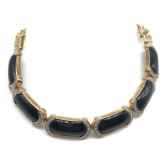 SETA 925 Sterling Silver Gold Plated Vermeil Black Panel Clear CZ Bracelet 7.25" - Picture 2 of 7